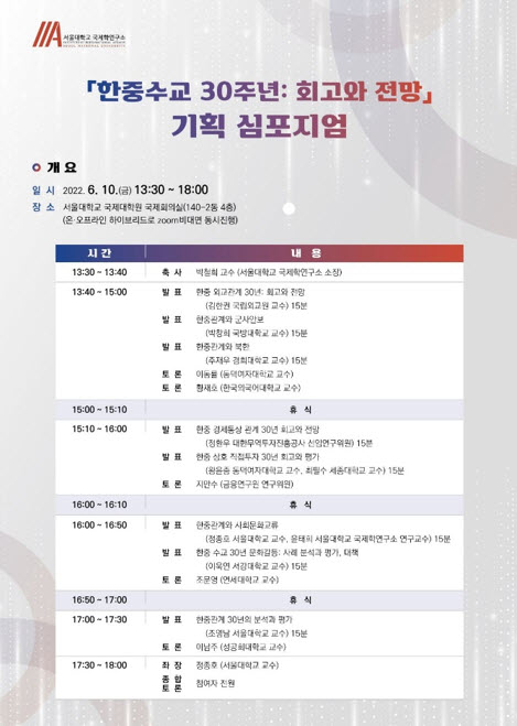 “한중수교 30주년: 회고와 전망” 기획 심포지엄 포스터